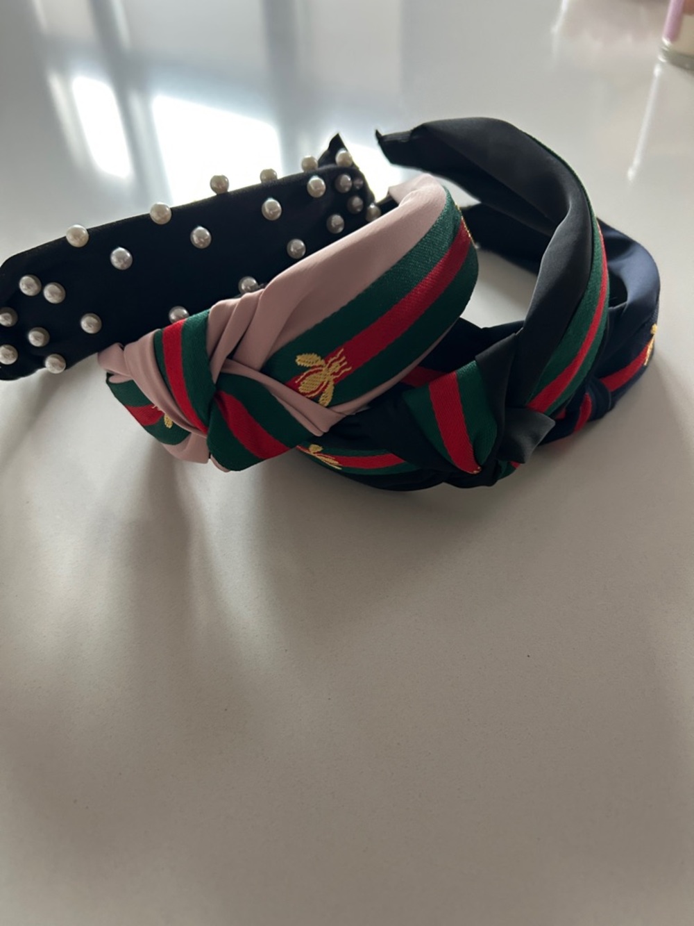 Pearl-Embellished and Striped Knot Headband Set - Pink, Black, Navy